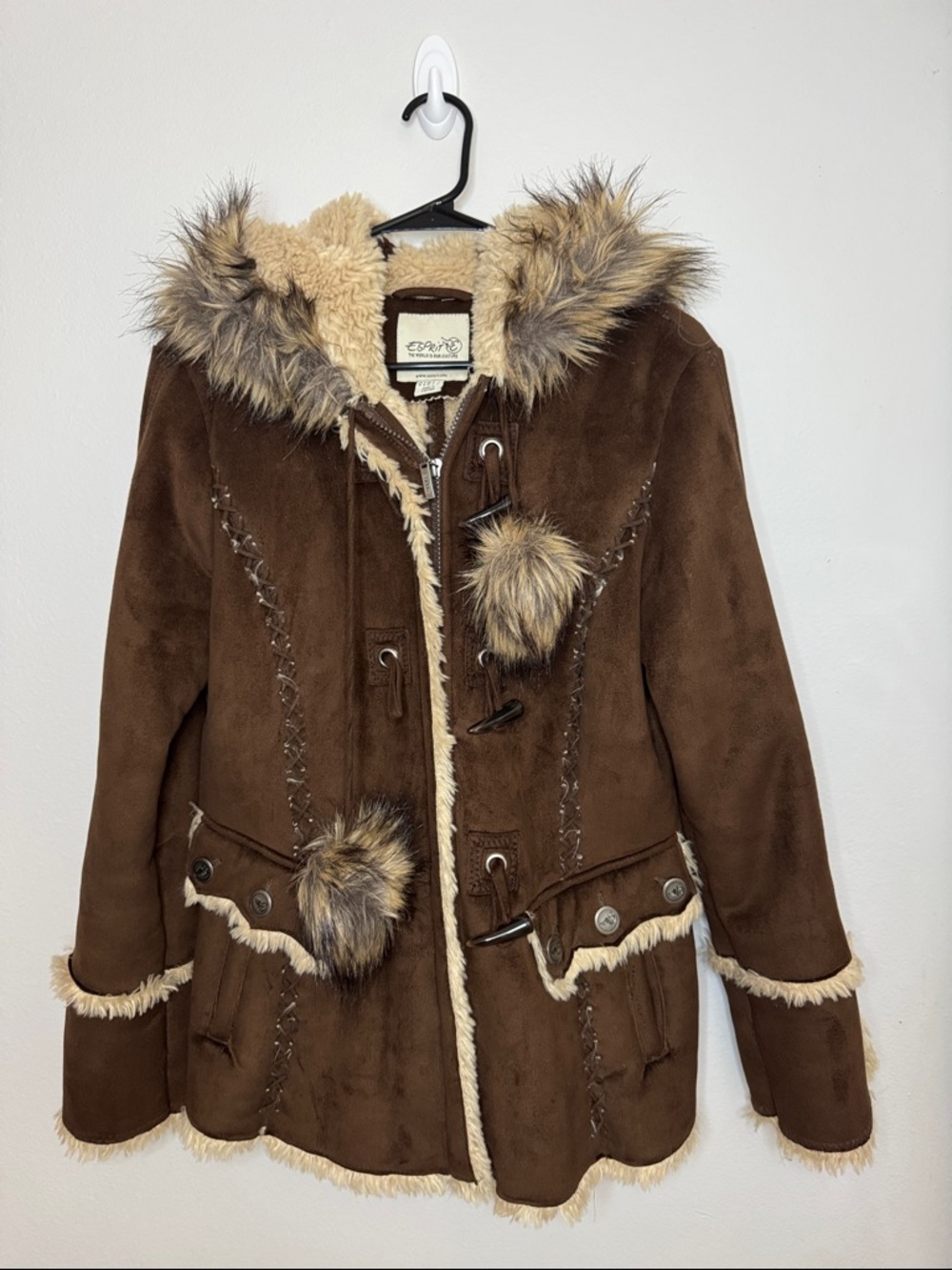 Women's Esprit Brown Faux-Suede Hooded Toggle Coat with Fur Trim